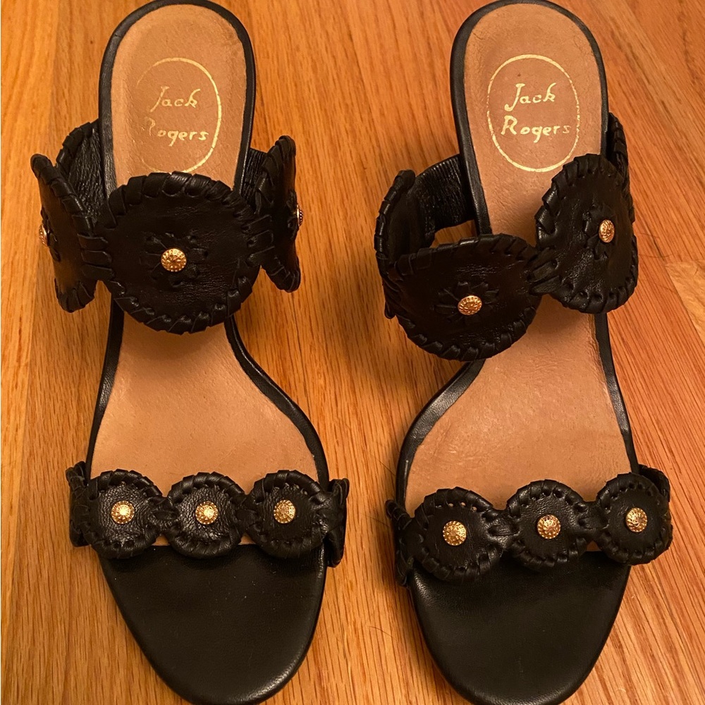 Jack Rogers black and gold wedges